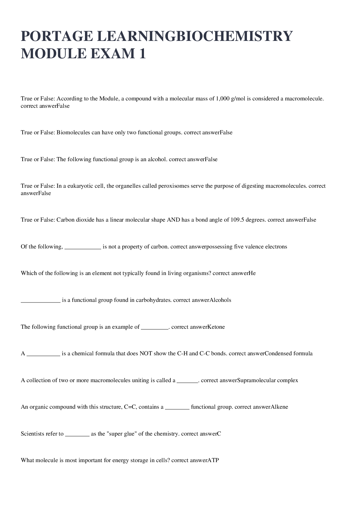 Preview image for PORTAGE LEARNING Biochemistry Module Exam 1  2022/2023 WITH 100% CORRECT ANSWERS